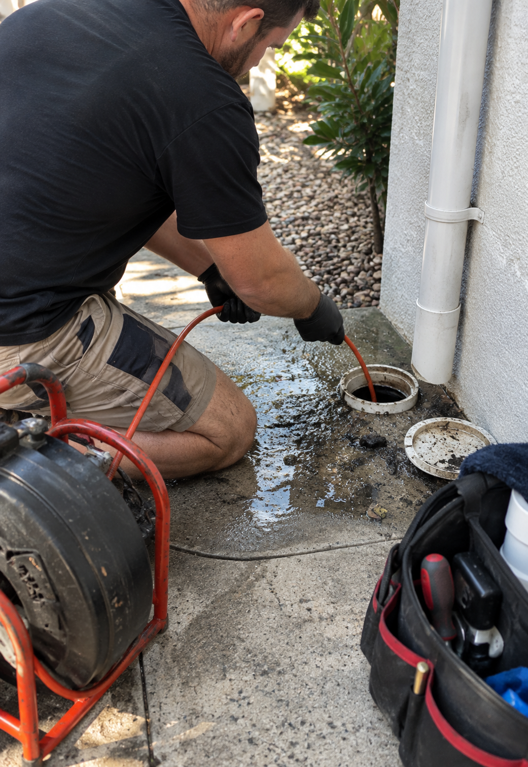 Plumber clearing a blocked stormwater drain with a drain snake